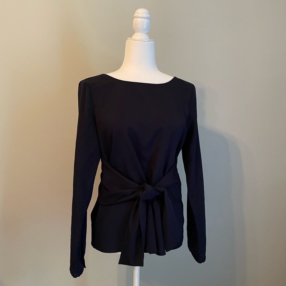 Ann Taylor Navy Ribbon Waist Long Sleeve Professional Blouse Size Small